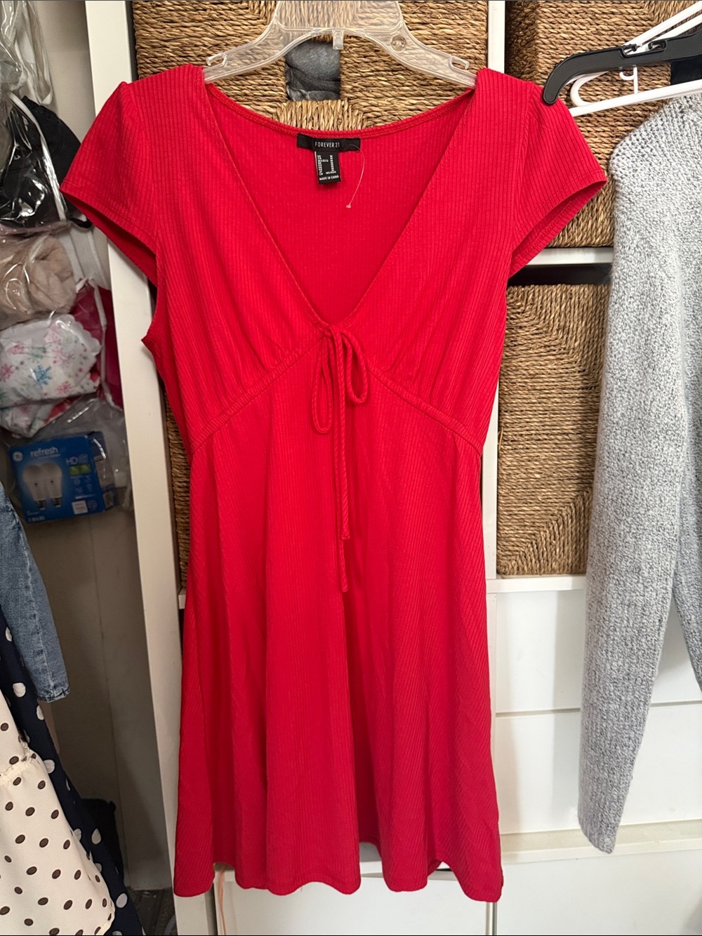 Forever 21 Red Ribbed V-Neck Tie-Front Skater Dress